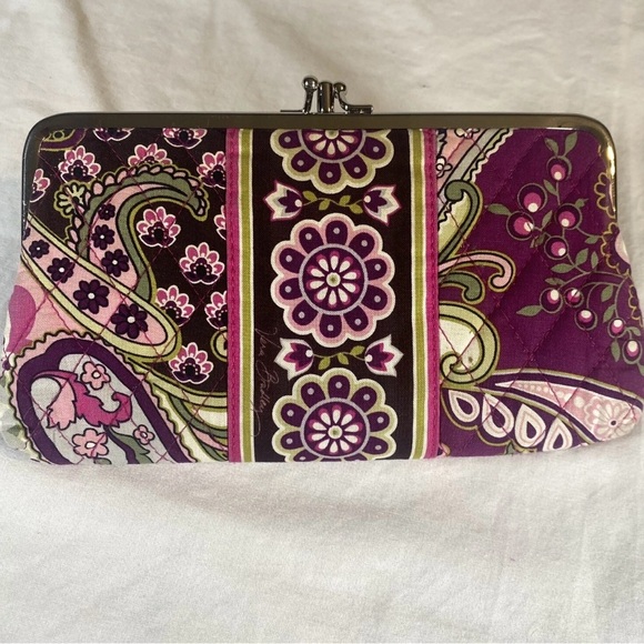 Vera Bradley Snap Top Quilted Paisley Wallet Maroon Olive Green Pink - Picture 4 of 16